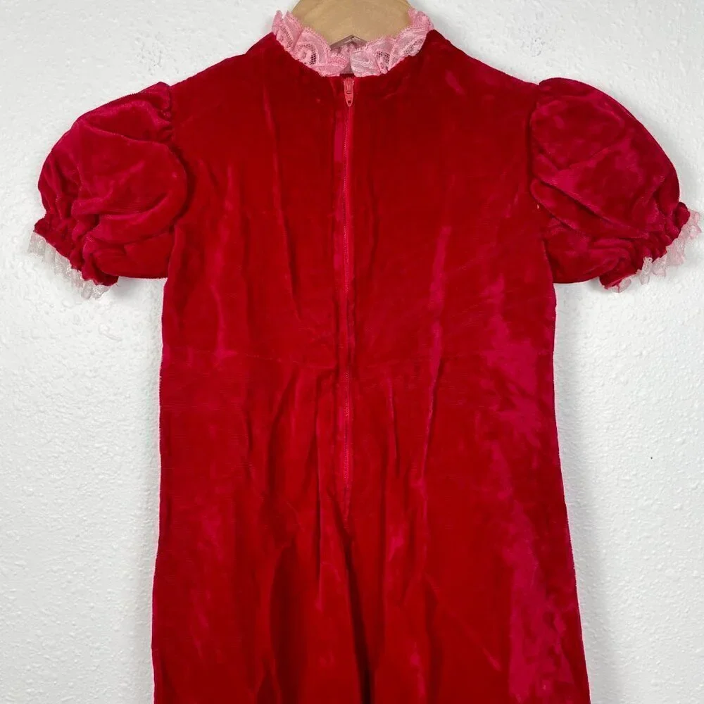 Vintage Little Girls Long Maxi Length Velvet Christmas Dress w. Bubble sleeves 6